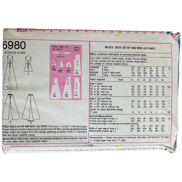 1975 Simplicity Sewing Pattern 6980 Summer Dress Top Wide Leg Pant Size 14 Uncut - Picture 4 of 6